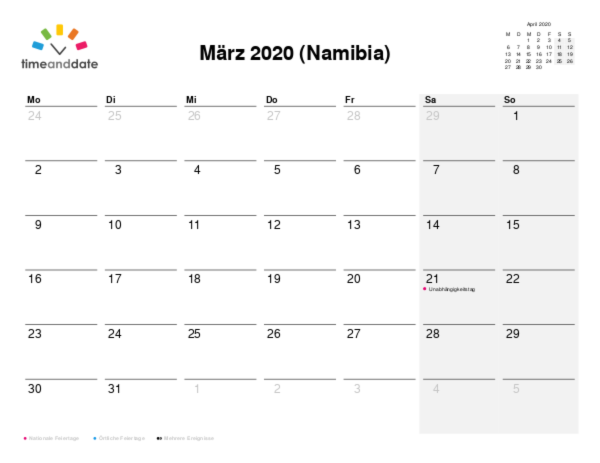 Kalender für 2020 in Namibia