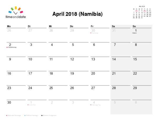 Kalender für 2018 in Namibia