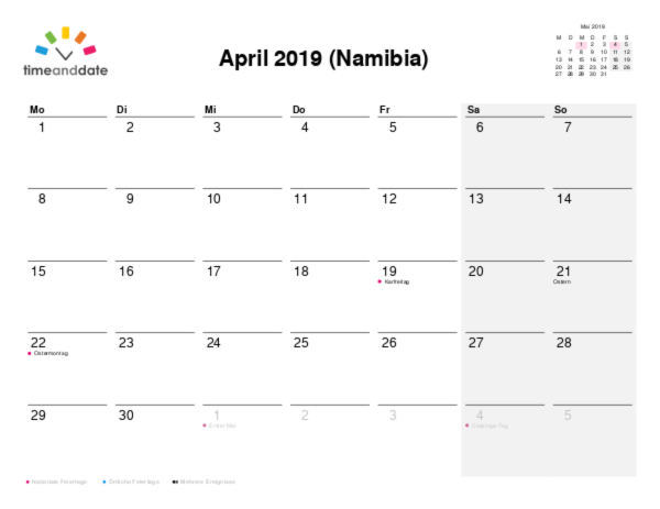 Kalender für 2019 in Namibia