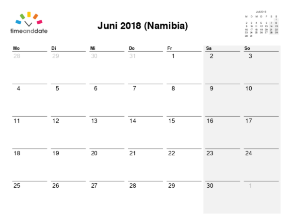 Kalender für 2018 in Namibia