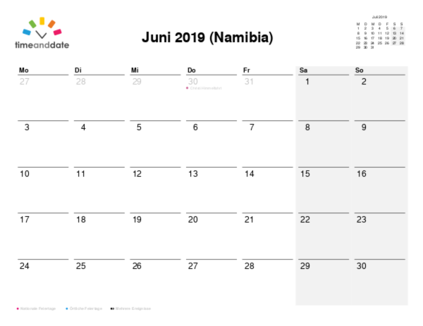 Kalender für 2019 in Namibia