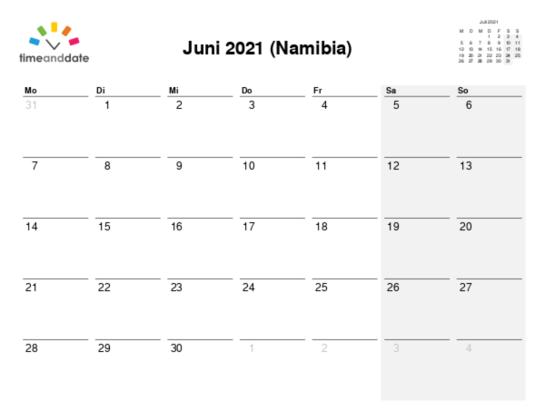 Kalender für 2021 in Namibia