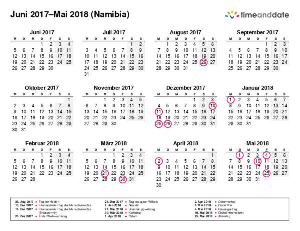 Kalender für 2017 in Namibia