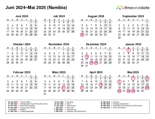 Kalender für 2024 in Namibia