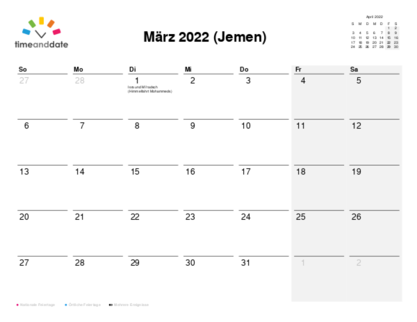Kalender für 2022 in Jemen