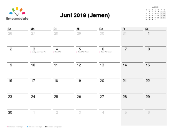 Kalender für 2019 in Jemen