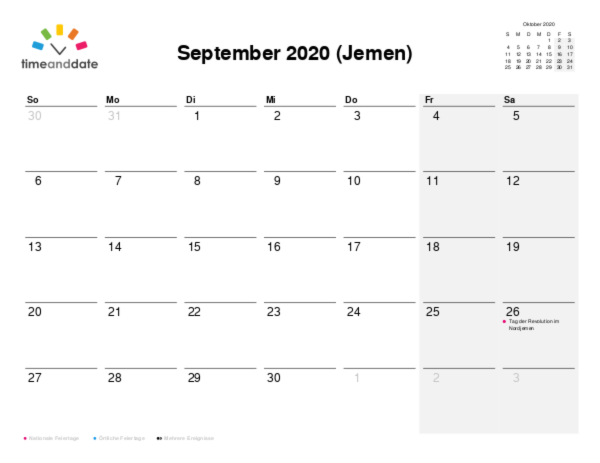 Kalender für 2020 in Jemen