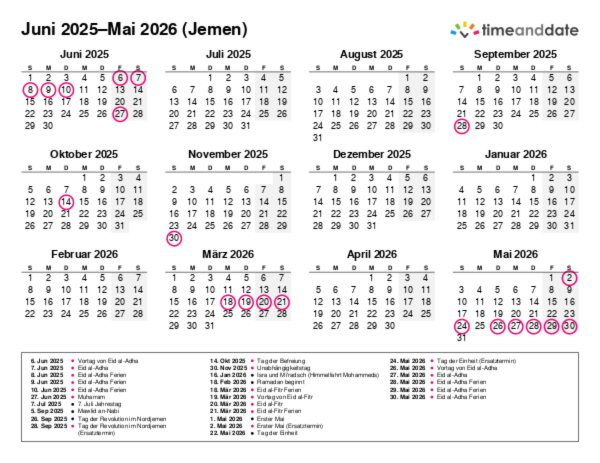 Kalender für 2025 in Jemen