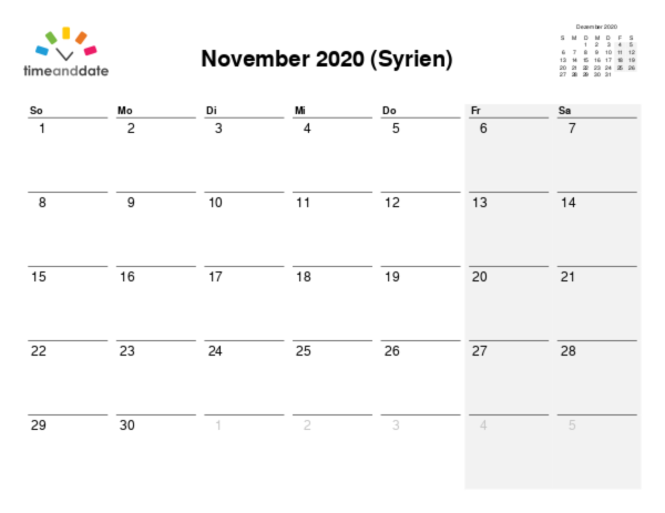 Kalender für 2020 in Syrien
