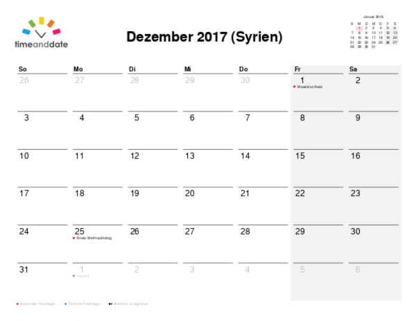 Kalender für 2017 in Syrien