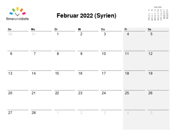 Kalender für 2022 in Syrien