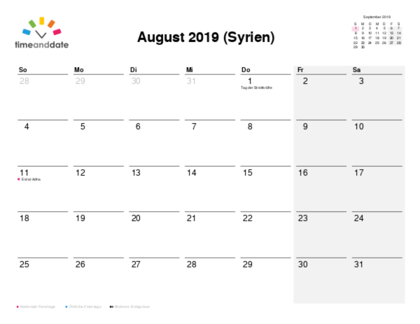 Kalender für 2019 in Syrien