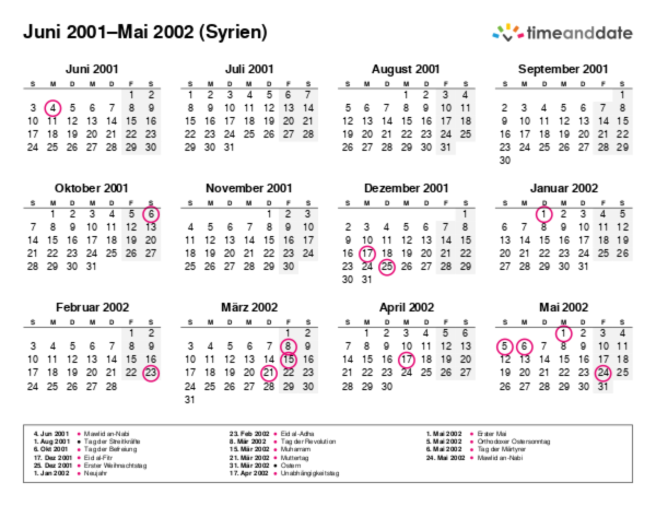 Kalender für 2001 in Syrien