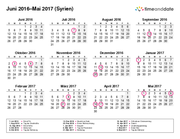Kalender für 2016 in Syrien