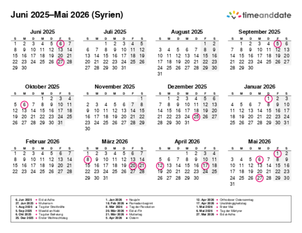 Kalender für 2025 in Syrien