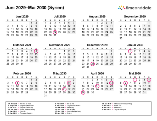 Kalender für 2029 in Syrien