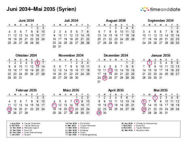 Kalender für 2034 in Syrien