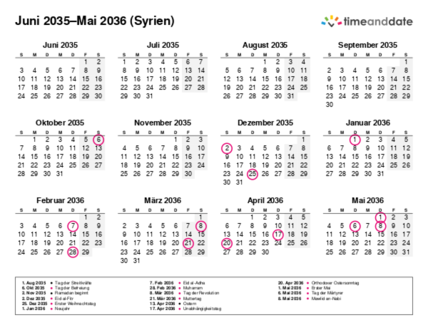 Kalender für 2035 in Syrien