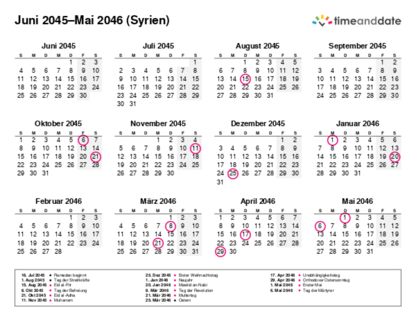 Kalender für 2045 in Syrien