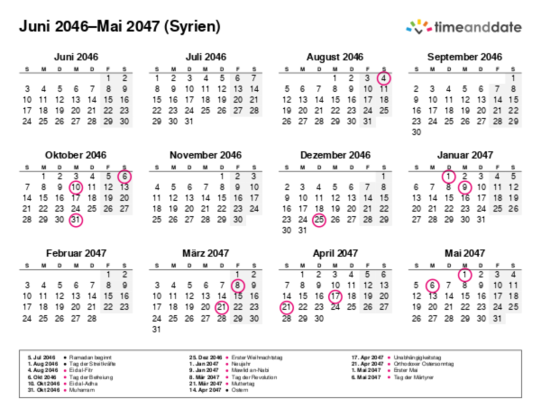 Kalender für 2046 in Syrien