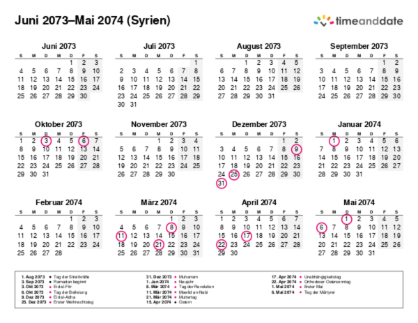 Kalender für 2073 in Syrien