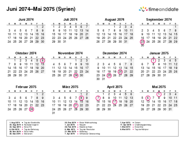 Kalender für 2074 in Syrien