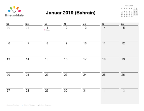 Kalender für 2019 in Bahrain
