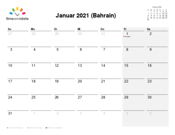 Kalender für 2021 in Bahrain