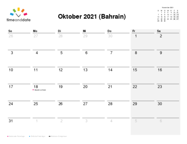 Kalender für 2021 in Bahrain