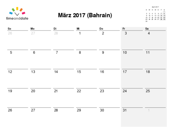 Kalender für 2017 in Bahrain