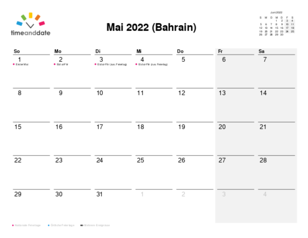Kalender für 2022 in Bahrain