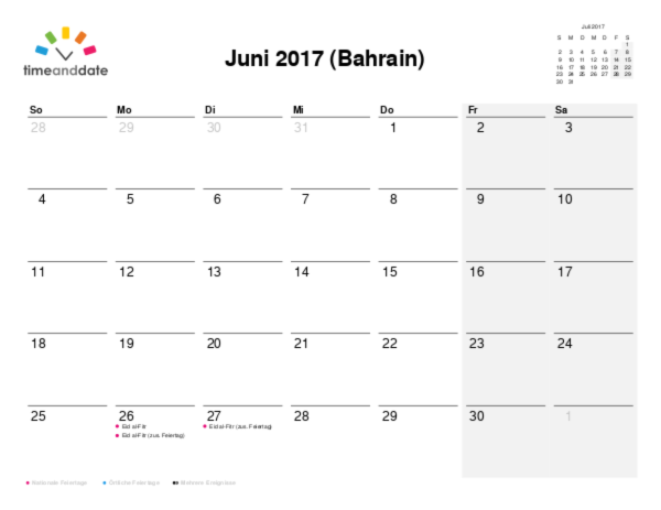 Kalender für 2017 in Bahrain