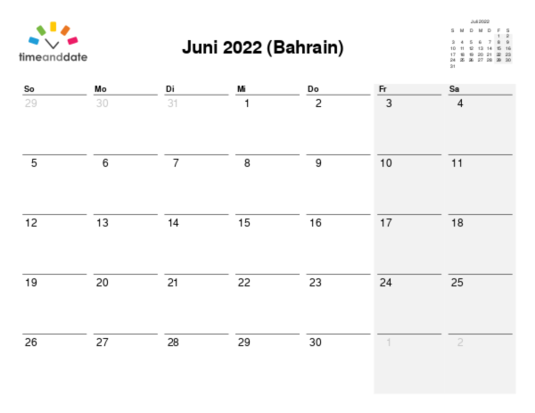 Kalender für 2022 in Bahrain
