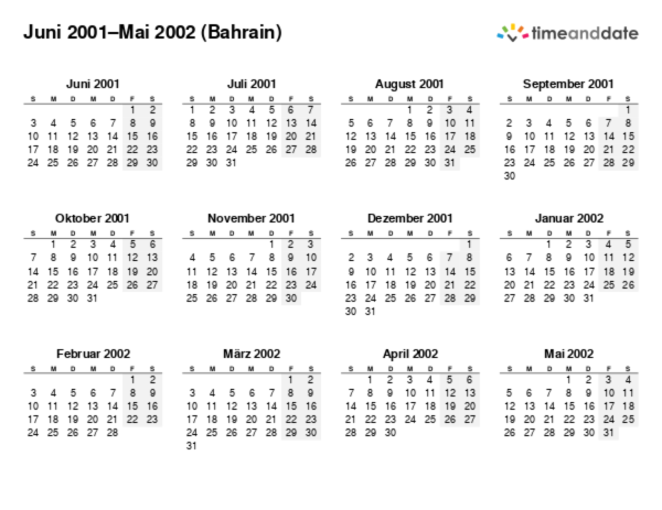 Kalender für 2001 in Bahrain