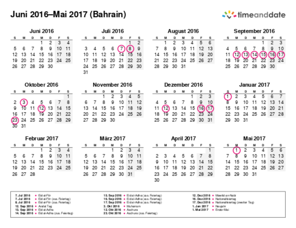 Kalender für 2016 in Bahrain