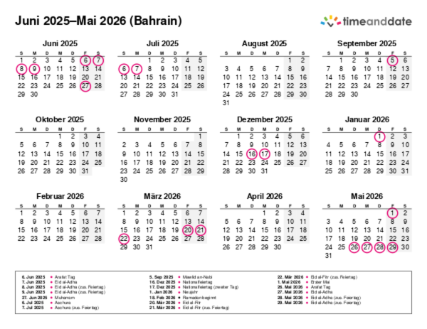 Kalender für 2025 in Bahrain