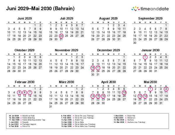 Kalender für 2029 in Bahrain