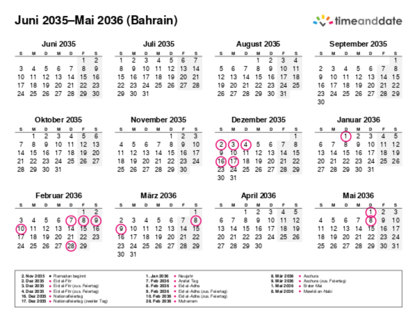 Kalender für 2035 in Bahrain