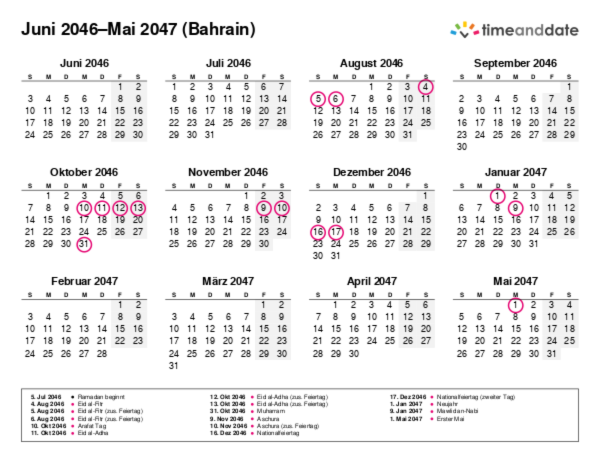 Kalender für 2046 in Bahrain