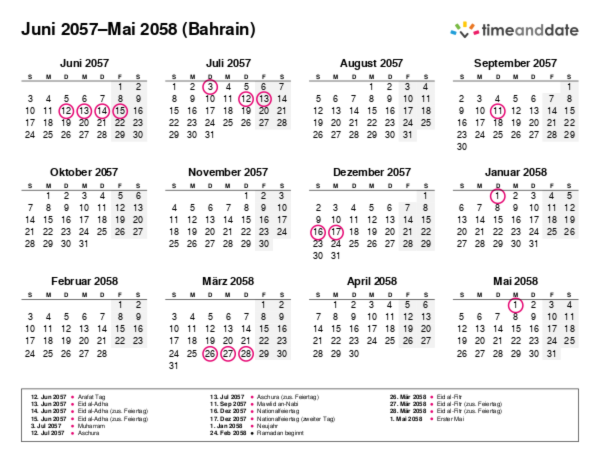 Kalender für 2057 in Bahrain