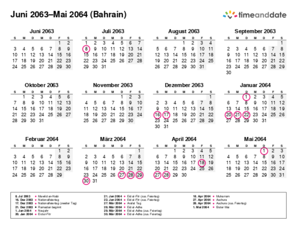 Kalender für 2063 in Bahrain