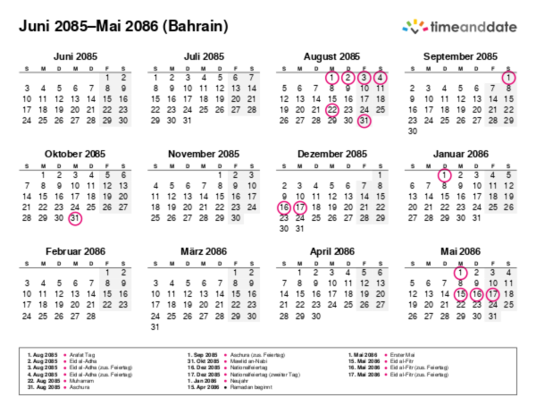 Kalender für 2085 in Bahrain