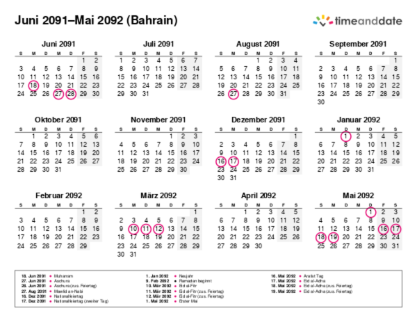 Kalender für 2091 in Bahrain