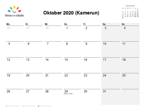 Kalender für 2020 in Kamerun