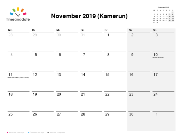 Kalender für 2019 in Kamerun