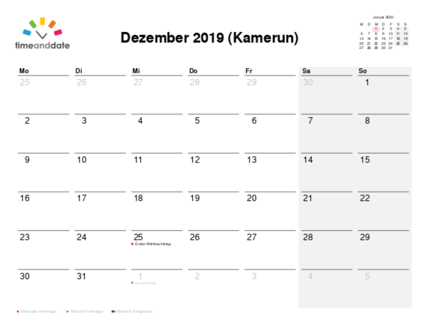Kalender für 2019 in Kamerun