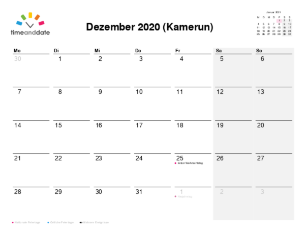 Kalender für 2020 in Kamerun