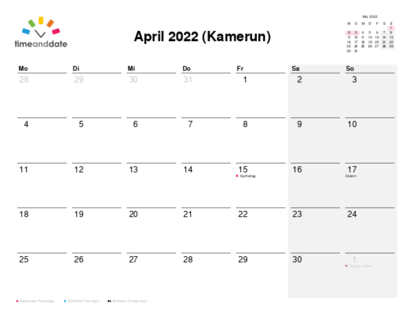 Kalender für 2022 in Kamerun
