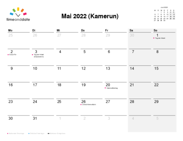 Kalender für 2022 in Kamerun