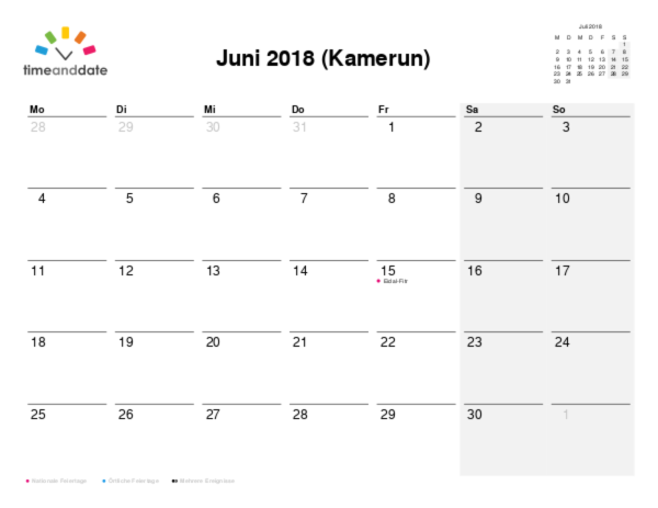 Kalender für 2018 in Kamerun